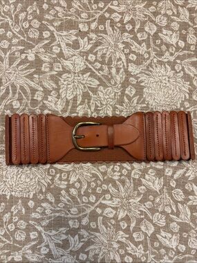 Anthropologie Wide Leather-Trim Waist Belt with Brass Buckle- stretch